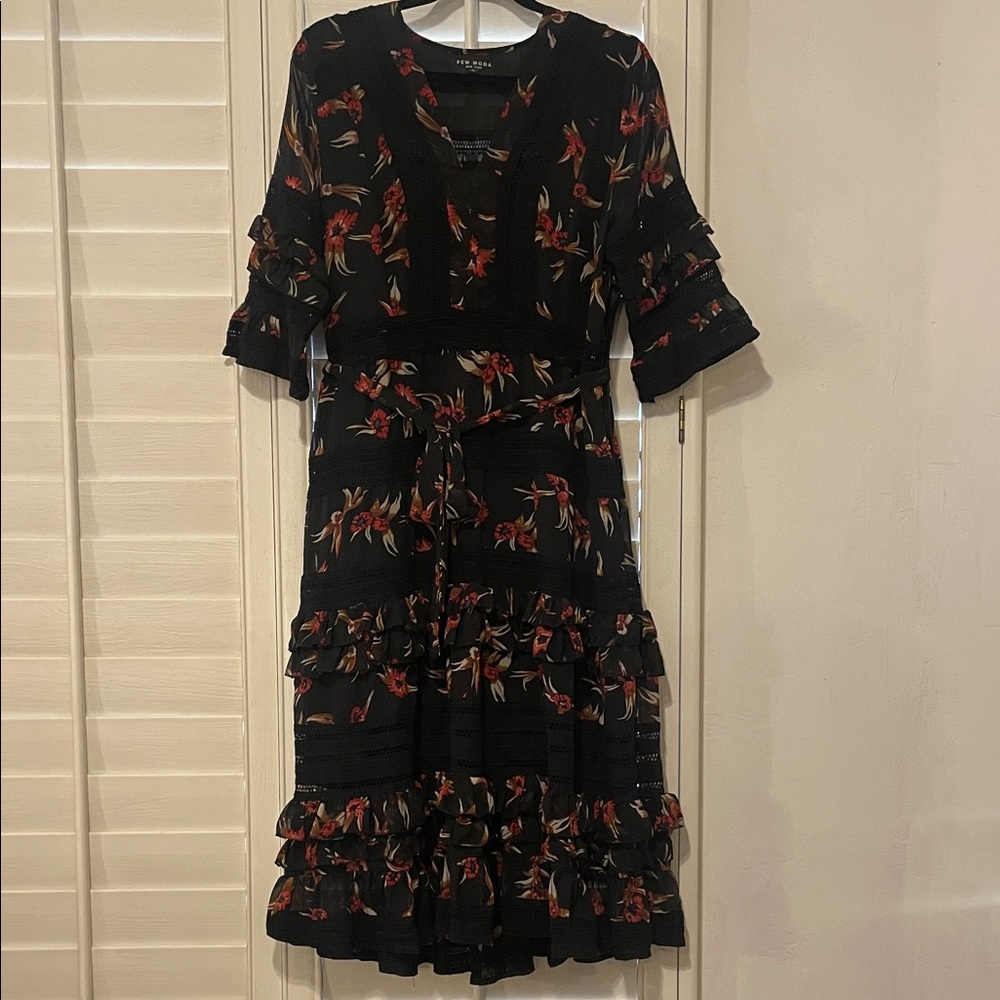 Elegant Black Midi Dress with Red Floral Accents